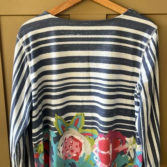 Ali Miles Sz L Muted Blue Striped Floral Split Collar 3/4 Sleeve - Picture 6 of 6